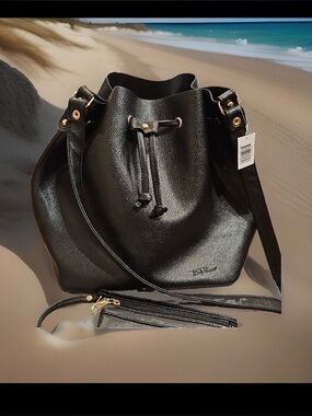 Bella Russo Vegan Leather Pebbled Drawstring Black Bucket Purse w/Gold Hardware